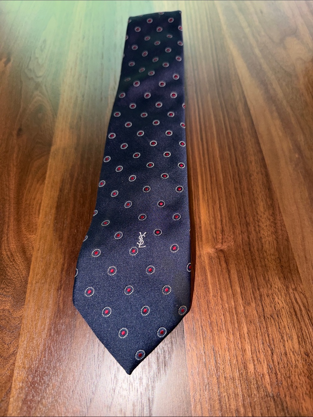 Yves Saint Laurent Navy Silk Tie with Red Dot Medallions